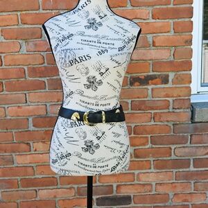 🖤  Vintage Baronet Black Faux Leather Belt Gold Horse Charms Western Buckle 80s